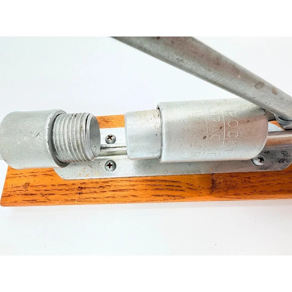 Vintage Reed's Rocket Pecan Nut Cracker Wood Base Manual Heavy Duty Silver Metal